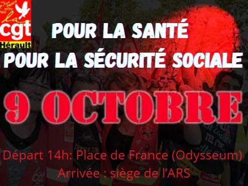 #CGT34 📢 JEUDI 9 OCTOBRE — Journée d’action pour la #Santé et la #SécuritéSociale !
✊ Défendons l’Hôpital, le Social, le Médico-social, la Sécu !
💶 De l’argent pour la santé, pas pour la guerre !
📍 #Montpellier — 14h00, Place de France, Odysseum
#9Octobre #Sécu #SantéPourTous