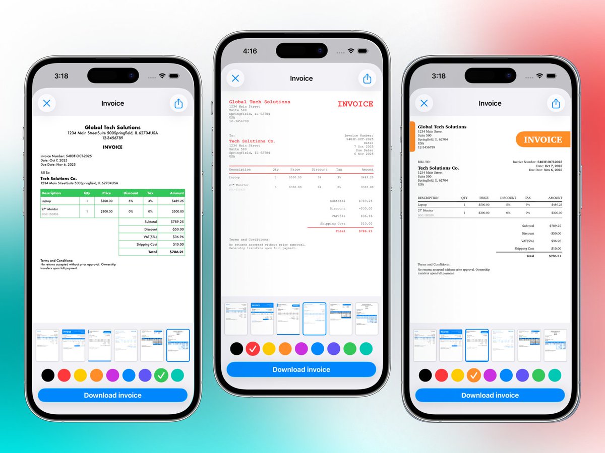 invoicefactory_'s tweet photo. 🚀 New update is live! - 2025.13

✨ Added new invoice templates
🎨 Customize template colors
🧾 Refreshed app icon
🐞 Bug fixes &amp; performance improvements

Update now and make your invoicing even smoother💼

👉 https://t.co/WP8IkpFcvS

#Reckord #InvoiceMaker #iOSApp https://t.co/9yGOw5ean4