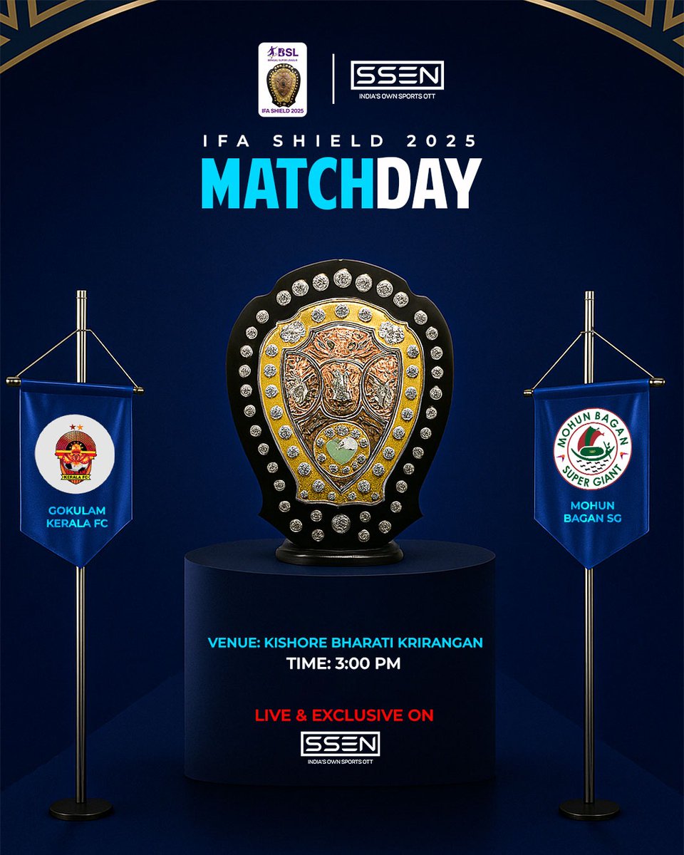 ssen_co's tweet image. ⚔️ The battle for glory begins!
Gokulam Kerala FC 🆚 Mohun Bagan SG
🏆 IFA Shield 2025 – Matchday!

#IFAShield2025 #Matchday #SSEN #IndianFootball #LiveOnSSEN