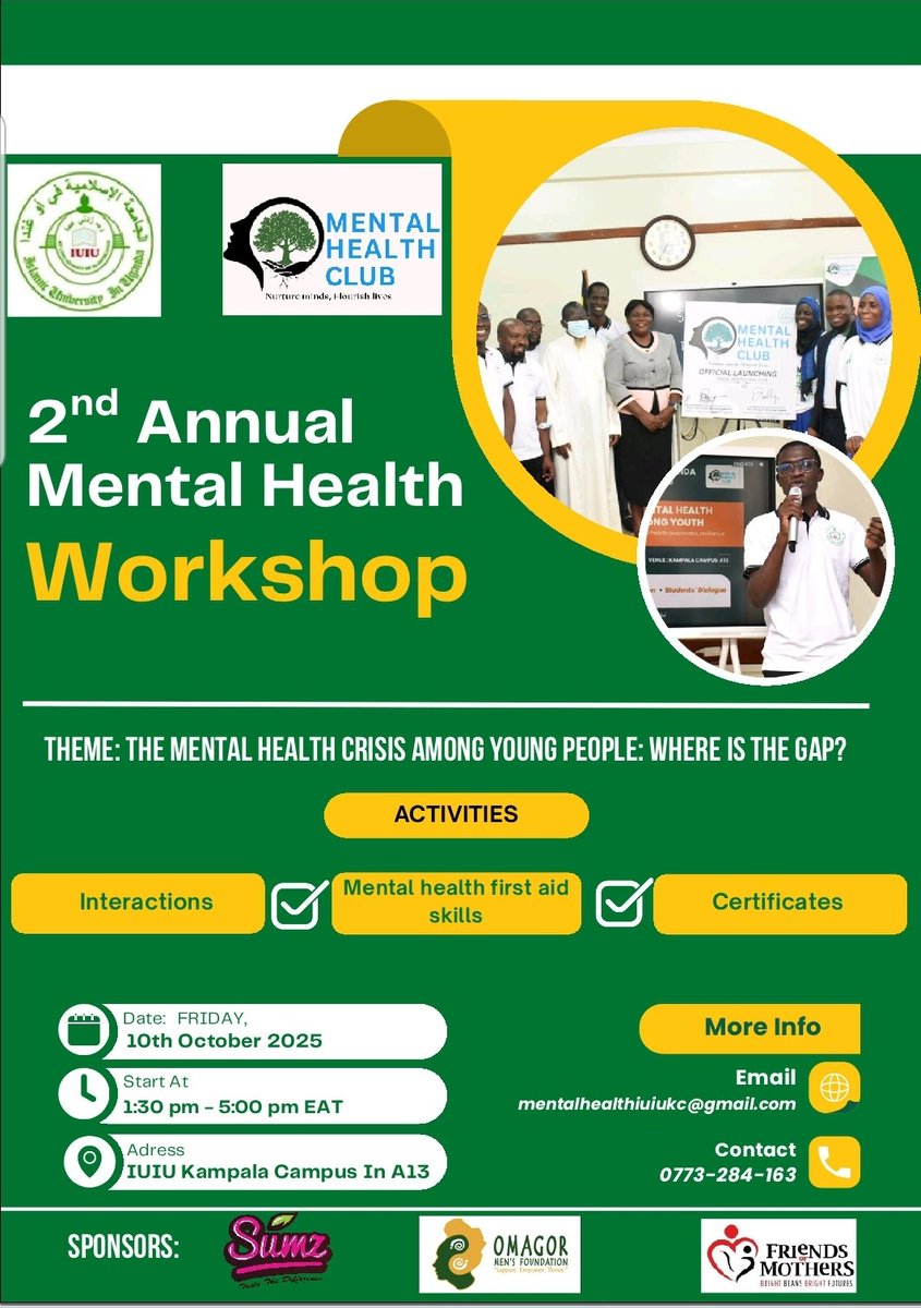Youth voices, open minds, stronger futures!
This October, we’re coming together to bridge the mental health gap for young people.
Grateful to our amazing partners @Sumz <a href="/Ugandapolice1/">Uganda police</a> <a href="/Omagor_Men/">OMAGOR MEN’S FOUNDATION (OMF)</a> <a href="/fmiltd/">Friends of Mothers Initiative</a> for standing with us in this cause. #MentalHealthAwareness #YouthResilience