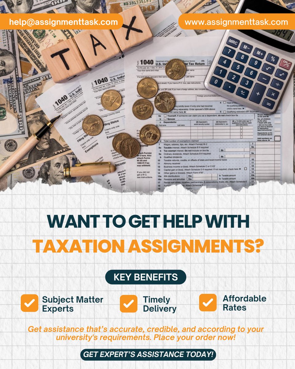 AssignmentTask's tweet image. Are tax codes, deductions, and accounting standards making your head spin?
Don’t let complicated taxation topics tank your grades!
👉 tinyurl.com/4baznkyn
#taxationassignmenthelp #studenthelp #academicsupport #universitylife #collegestruggles #studytips #assignmenttask