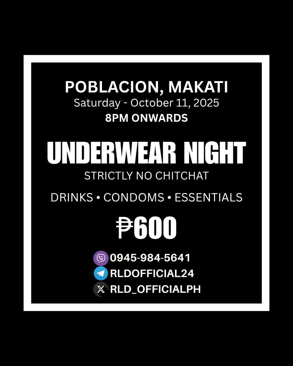 Red Light District Philippines V2.0 (@rld_officialph) on Twitter photo Slots are NOW OPEN for Saturday Night Group Fun at Poblacion Makati Venue π¦π¦ for more details kindly DM and Viber. Our events are π―% NO PHOTOS, VIDEOS & DRUGS
π₯ UNLIDRINKS
π¦ DARK ROOM
π PICA PICA FOODS
Poppers sponsored by <a href="/PoppersBoy01/">Poppers Boy(38.6K)π΅π</a>
RESERVE your slots now. Slots are NOW OPEN for Saturday Night Group Fun at Poblacion Makati Venue π¦π¦ for more details kindly DM and Viber. Our events are π―% NO PHOTOS, VIDEOS & DRUGS
π₯ UNLIDRINKS
π¦ DARK ROOM
π PICA PICA FOODS
Poppers sponsored by <a href="/PoppersBoy01/">Poppers Boy(38.6K)π΅π</a>
RESERVE your slots now.