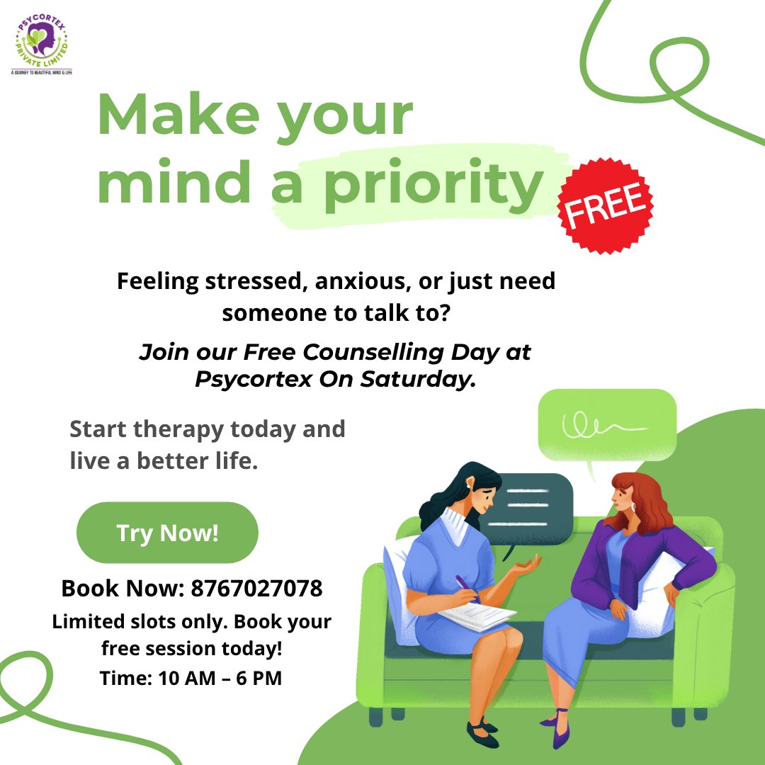 PPsycortex's tweet image. 🧠✨ Feeling overwhelmed lately?
Take a break for your mind — join our FREE Counselling Session this Saturday at Psycortex 💬
📍Block No. 101/102, 2nd floor ShriRam Tower, Sadar Nagpur
#MentalHealthMatters #FreeCounselling #Psycortex #MindCare #TherapyIsCool #EmotionalWellness