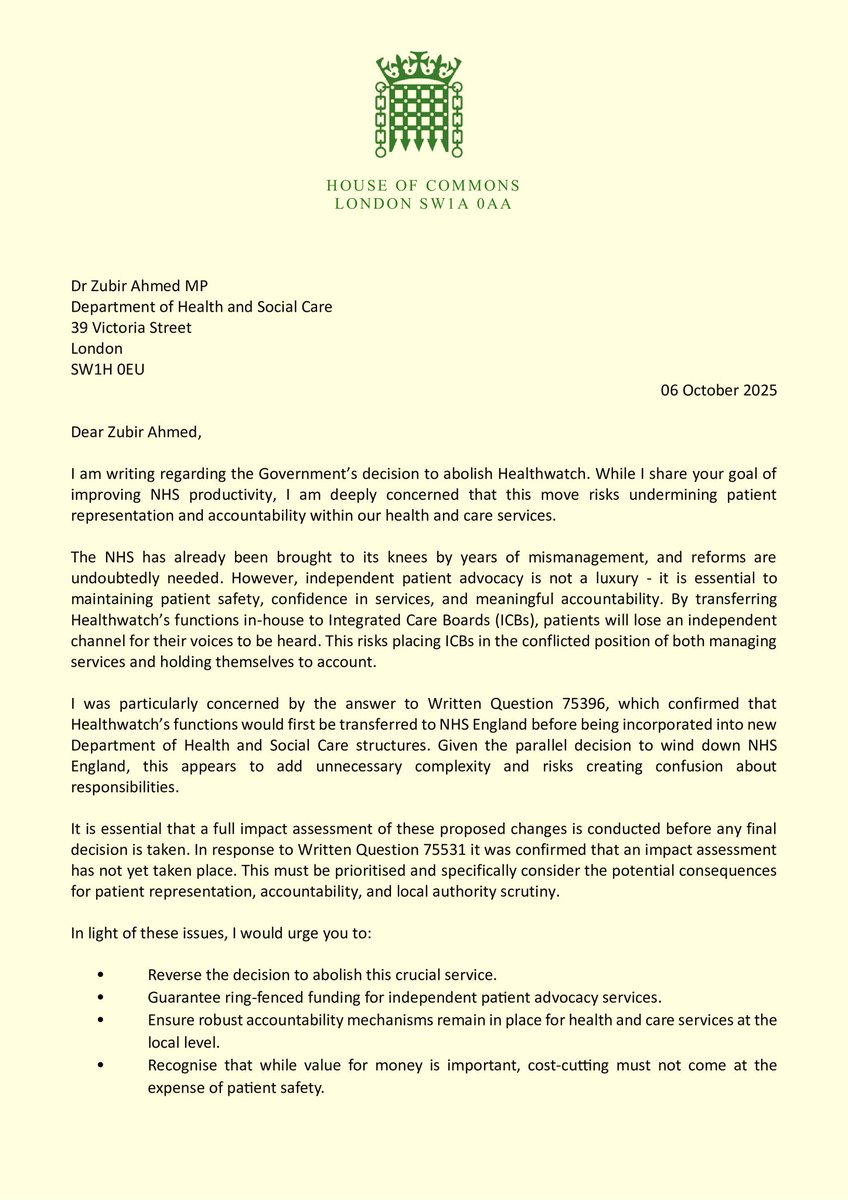tomgordonLD's tweet image. 🗣️ It’s not a headline grabber, but it’s important - Healthwatch gives patients a voice.

📝 That’s why I’ve written to the Government, with colleagues’ support, urging them to scrap plans to abolish it. 

👇 We need more local accountability, not less.
