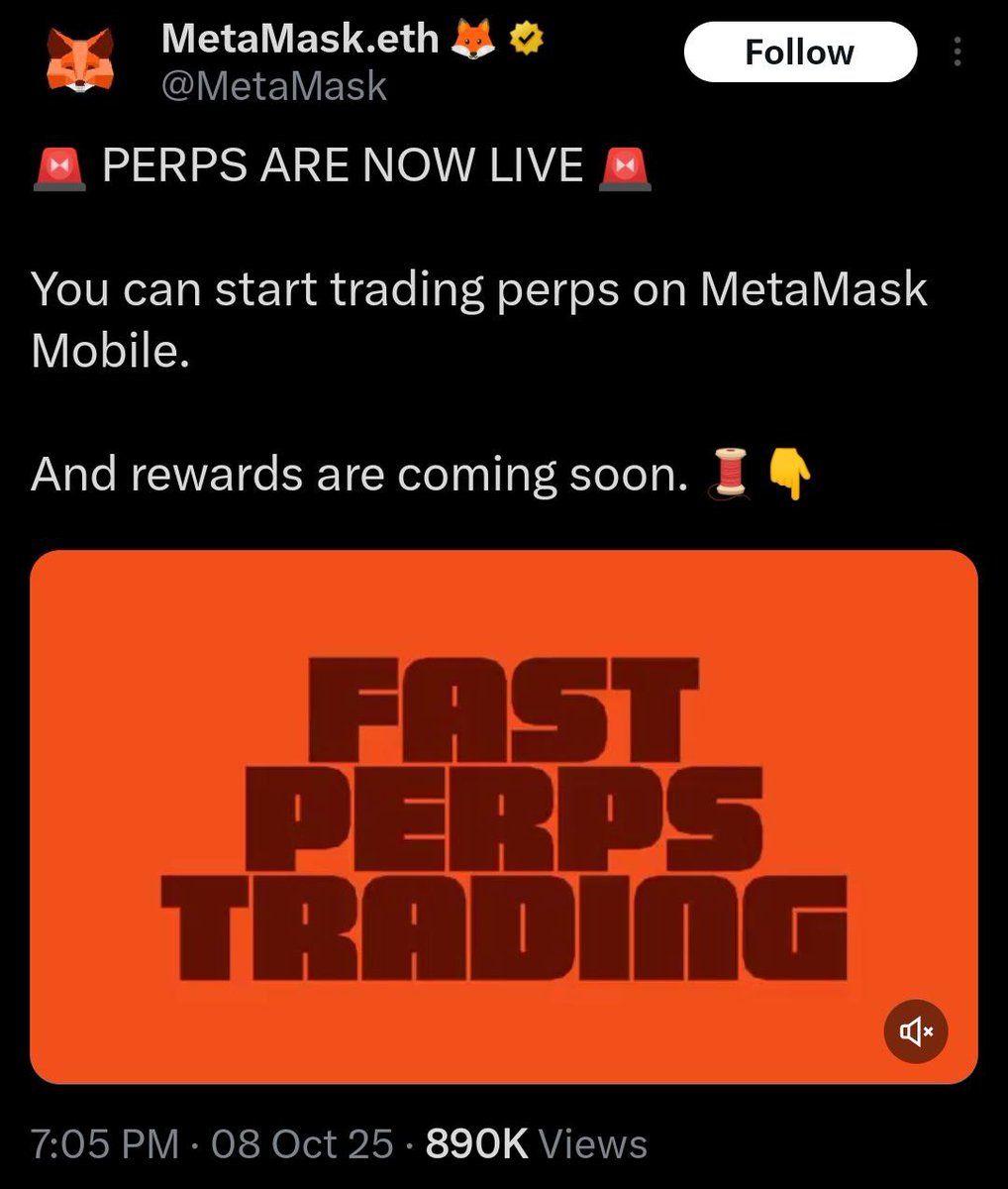 GACryptoO's tweet photo. PERPS ARE LIVE on @MetaMask Mobile! 🚨

You can now trade perps directly in MetaMask Mobile ~ and yes, rewards are coming soon! 👀

✅ Perps live
🦊 MetaMask Rewards on the way
🌐 Exclusive Polymarket integration coming soon

📈Update to the latest version and start trading today.

📢Stay Tuned For More Updates on Perps, Polymarket, and the upcoming MetaMask Token!

💙Like 🔄 RT
