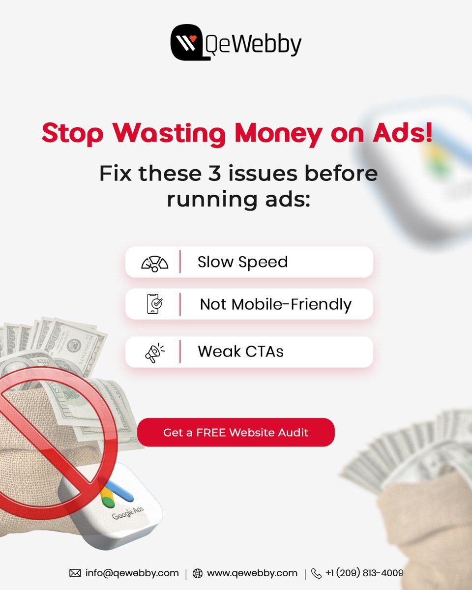 qewebby's tweet image. 🚨 Planning to run ads? Don’t waste your budget yet!

Fix these 3 issues first 👇

⚡ Slow Speed
📱 Not Mobile-Friendly
🎯 Weak CTAs

Turn clicks into clients before running ads! qewebby.com/contact-us/

#websiteoptimization #conversionoptimization #webdesign #marketingstrateg