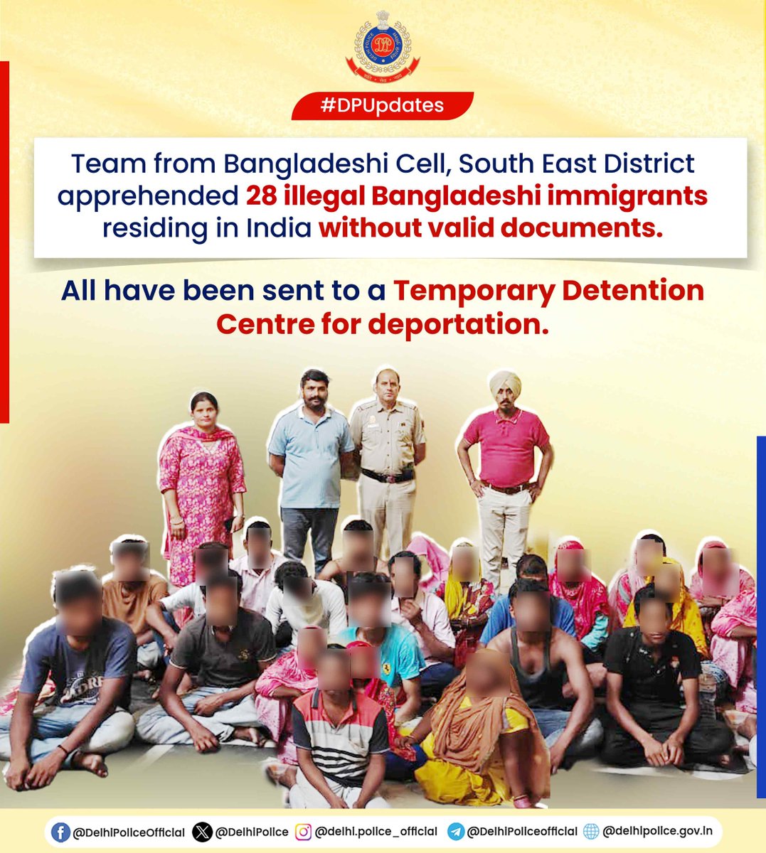 DelhiPolice's tweet image. In a major crackdown, the Bangladeshi Cell of @DCPSEastDelhi apprehended 28 Bangladeshi nationals living illegally in Delhi.

The operation, backed by sustained groundwork &amp;amp; local intelligence, was conducted across multiple locations.

In 2025, South East District Police has…