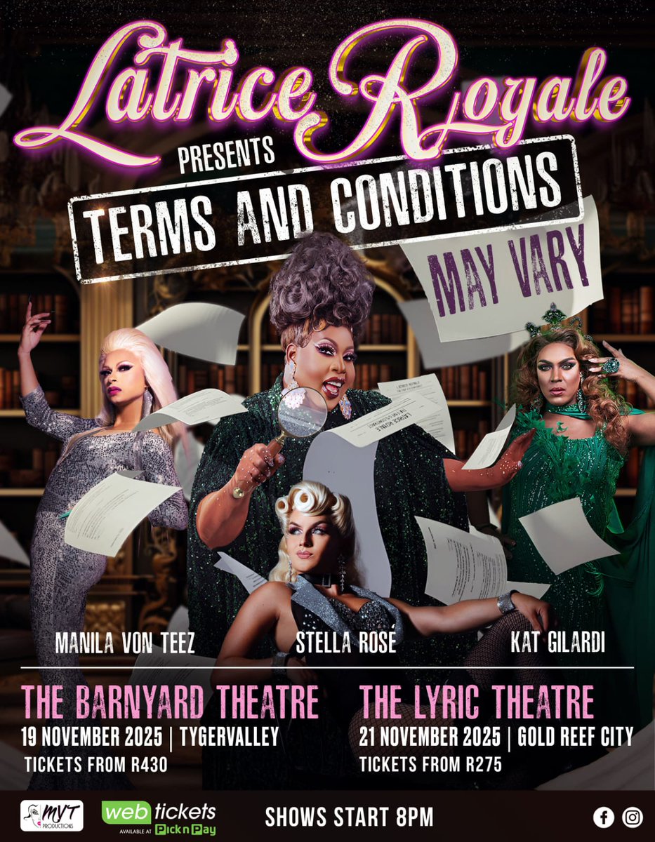 <a href="/LatriceRoyale/">Latrice Royale Inc.</a> live in SA with <a href="/ManilaVonTeez/">Manila von Teez</a> Kat Gilardi &amp; Stella Rosé. <a href="/MvtProductions/">MVT Productions</a> <a href="/GoldReefCitySA/">Gold Reef City</a> tickets <a href="/webticketsSA/">webtickets.co.za</a>