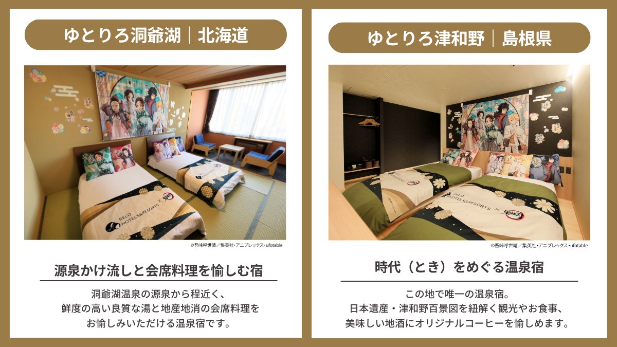 Relo_hotels's tweet image. アニメ「鬼滅の刃」とコラボ！宿泊券プレゼントキャンペーン🎁

リロホテルズ＆リゾーツの温泉宿がアニメ「鬼滅の刃」とコラボ！
 これを記念して、「鬼滅の刃」コラボルームに泊まれるペア宿泊券を4組8名様にプレゼントします✨
下記詳細をご確認の上、ご応募ください👇
 
■ 対象施設…