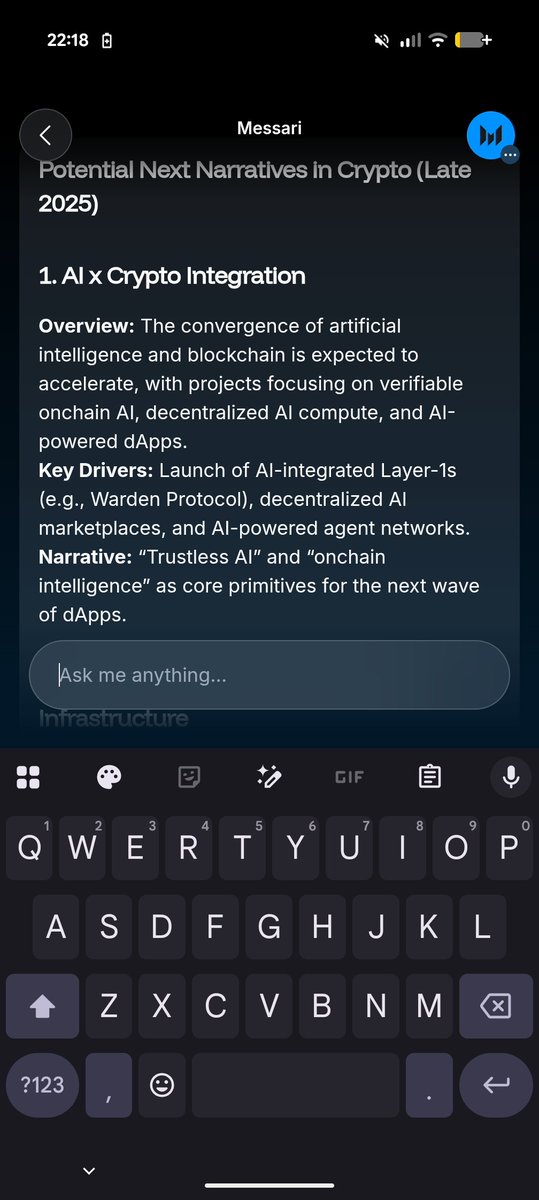 cryptoAl123's tweet image. GM Warden crew

Got a very bullish response from the Messari agent last night. When I asked what are the next possible narratives it stated the top one could be AI x Crypto integration like Warden Protocol.

This bodes well for the upcoming TGE

Exciting time for Wardens