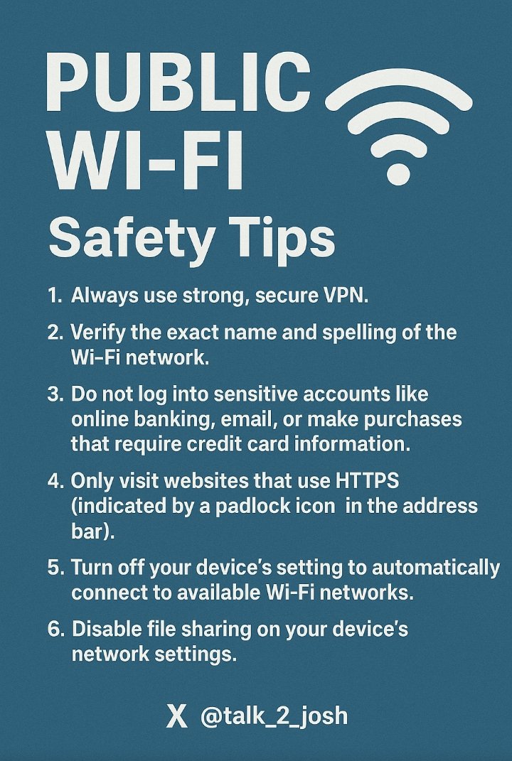 talk_2_josh's tweet image. DAY 9 OF CYBER AWARENESS 

PUBLIC WI-FI 

Most times you want to use public wifi (at hotels, airports,etc.) because they are FREE. They are often not secure, making your data vulnerable to threat actors.

#CyberAwareness 
#OnlineSafety
@AfriTechX