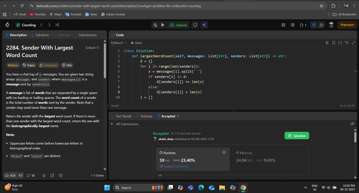 _deep_star's tweet photo. Hello All, I have completed #Day646 of #365DaysofCode Challenge with @scaler_official
Question: Sender With Largest Word Count
discord link: https://t.co/KZjzYqsRFf
#letsconnect #scalerdiscordcommunity #codewithscaler #365daysofcodescaler #365DaysofCode https://t.co/7kWZ6R3AGr