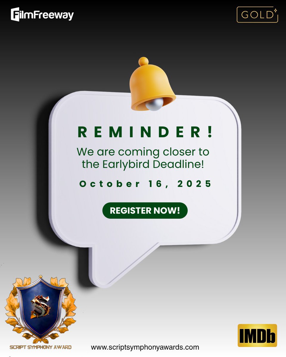 ScriptSaward's tweet image. Calling all talented creators to join our film festival and share your amazing creations with the world!

Earlybird Deadline: October 16, 2025

filmfreeway.com/ScriptSymphony…

#script #screenplay #film #Festival #Music #screenwrittingcontest