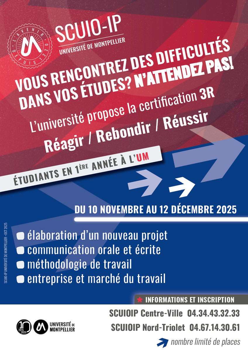SCUIO-IP Université de Montpellier (@scuioip_um) on Twitter photo 📢En 1ère année à <a href="/umontpellier/">Université de Montpellier</a> ❓
Vous rencontrez des difficultés dans vos études❓
Participez à la certification "3R" #Réagir #Rebondir #Réussir❗️
📱Renseignez-vous au 04 67 14 30 61 ou 04 34 43 32 33 #orientation  #reorientation #université 📢En 1ère année à <a href="/umontpellier/">Université de Montpellier</a> ❓
Vous rencontrez des difficultés dans vos études❓
Participez à la certification "3R" #Réagir #Rebondir #Réussir❗️
📱Renseignez-vous au 04 67 14 30 61 ou 04 34 43 32 33 #orientation  #reorientation #université