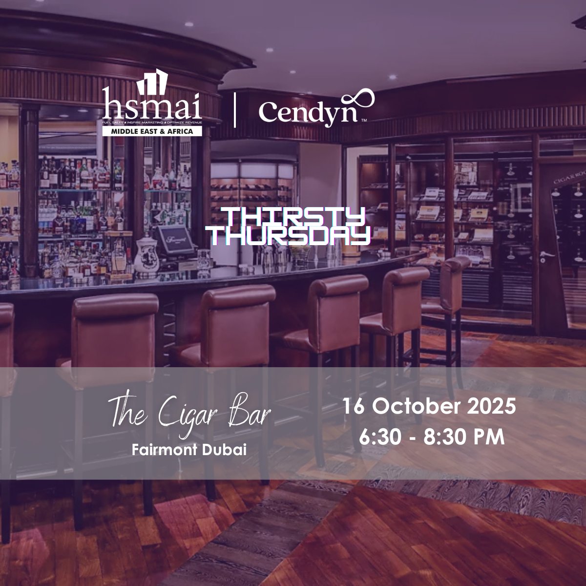 What do cocktails + hearty laughs + hospitality people have in common?
They all come together at Thirsty Thursday. 😉

📍 The Cigar Bar, <a href="/FairmontDubai/">Fairmont Dubai</a>
📅 16 October | 6:30–8:30 PM
🤝 Co-hosted with <a href="/Cendyn/">Cendyn</a>

See you there?

#MeetConnectGrow #HospitalityDubai