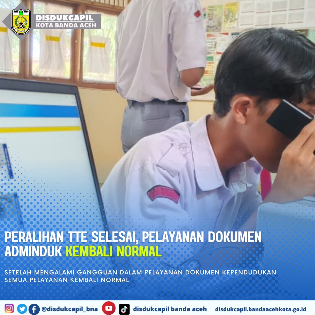 Assalamu'alaikum
Hai Sobat Dukcapil Kota Banda Aceh
Kami informasikan pelayanan dokumen adminduk kembali normal ya..
Yuk lengkapi dokumen adminduk sobat..
#disdukcapil #bandaaceh #ktp