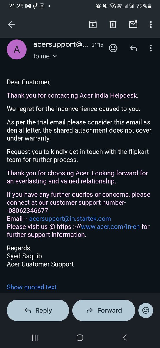 raj16v's tweet photo. I purchased a montior from flipkart last week, which is not working right after it delivered.The product is dead on arrival for that both @flipkartsupport  and @Acer  not providing any resolution till now.Both flipkart and acer redirecting eachother and not providing any support. https://t.co/9nOOGvefLG