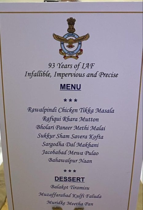IAF Menu: Turning LOC into Line of Curry since 1932 🇮🇳🔥
#93YearsOfIAF #TacticalTaste
#IndianAirForceDay 
#Pakistan