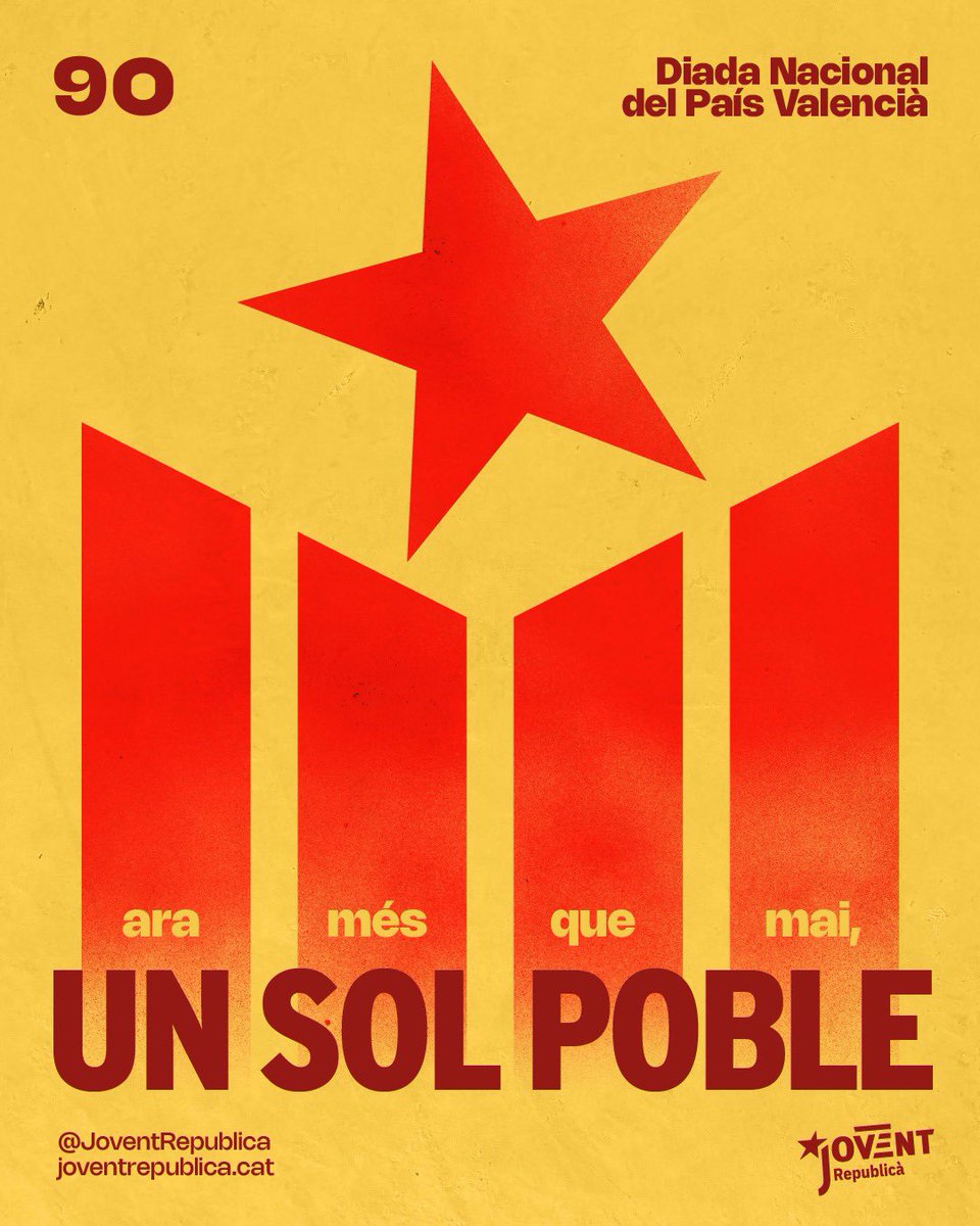 JoventRepublica's tweet photo. ✊ #UnSolPoble | Aquest #9O, recordem que tenim un nom, una història i una llengua que ens han fet ser el que som. El jovent valencià alcem el cap i diem ben alt que no volem ser una província sense ànima: volem ser país.

Ara més que mai, un sol poble.
Visca el País Valencià! https://t.co/ER7B2KFna5