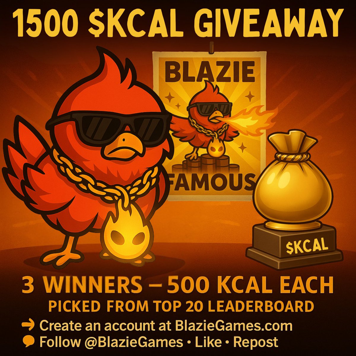 🔥 Make Blazie Famous! 🔥
1500 $KCAL GIVEAWAY 🎉
3 winners — 500 $KCAL each 💰
(Picked from the Top 20 leaderboard)

✅Follow <a href="/blaziegames/">B l a z i e | G a m e s</a> 
✅Create an account: firstflight.blaziegames.com
✅Comment your in-game username
✅Like ❤️&amp; Repost 🔄

🏆 Winners picked Sunday!

#BlazieGames