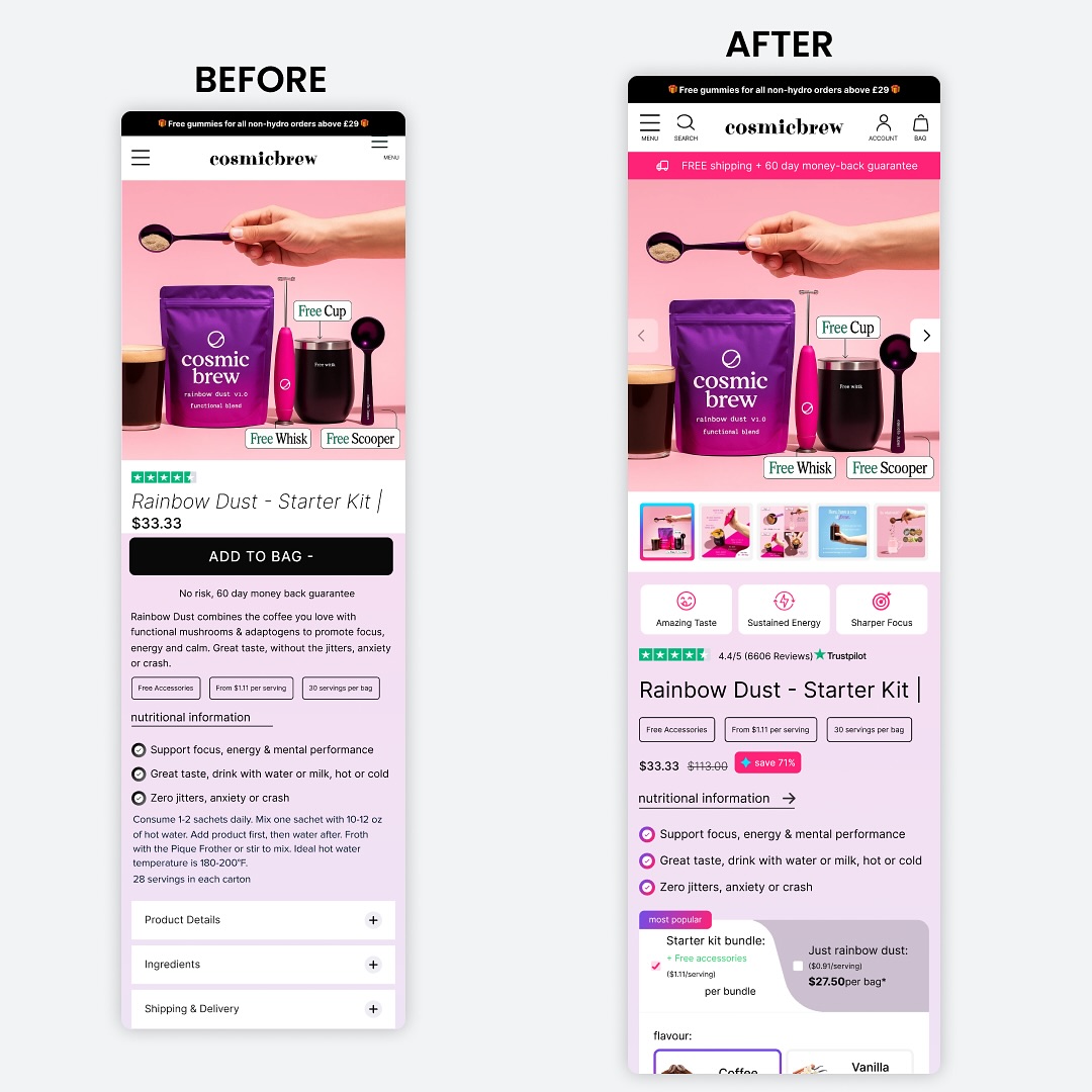 Converttco's tweet image. New top-fold Product Page optimization!

Focus here was on:

Adding customer reviews to build trust and incentivizing subscriptions with an optimized sub-box.

Your thoughts on this one?

Follow @convertt.co for more

#cro #conversionrateoptimization #shopify #wordpress #ui #ux
