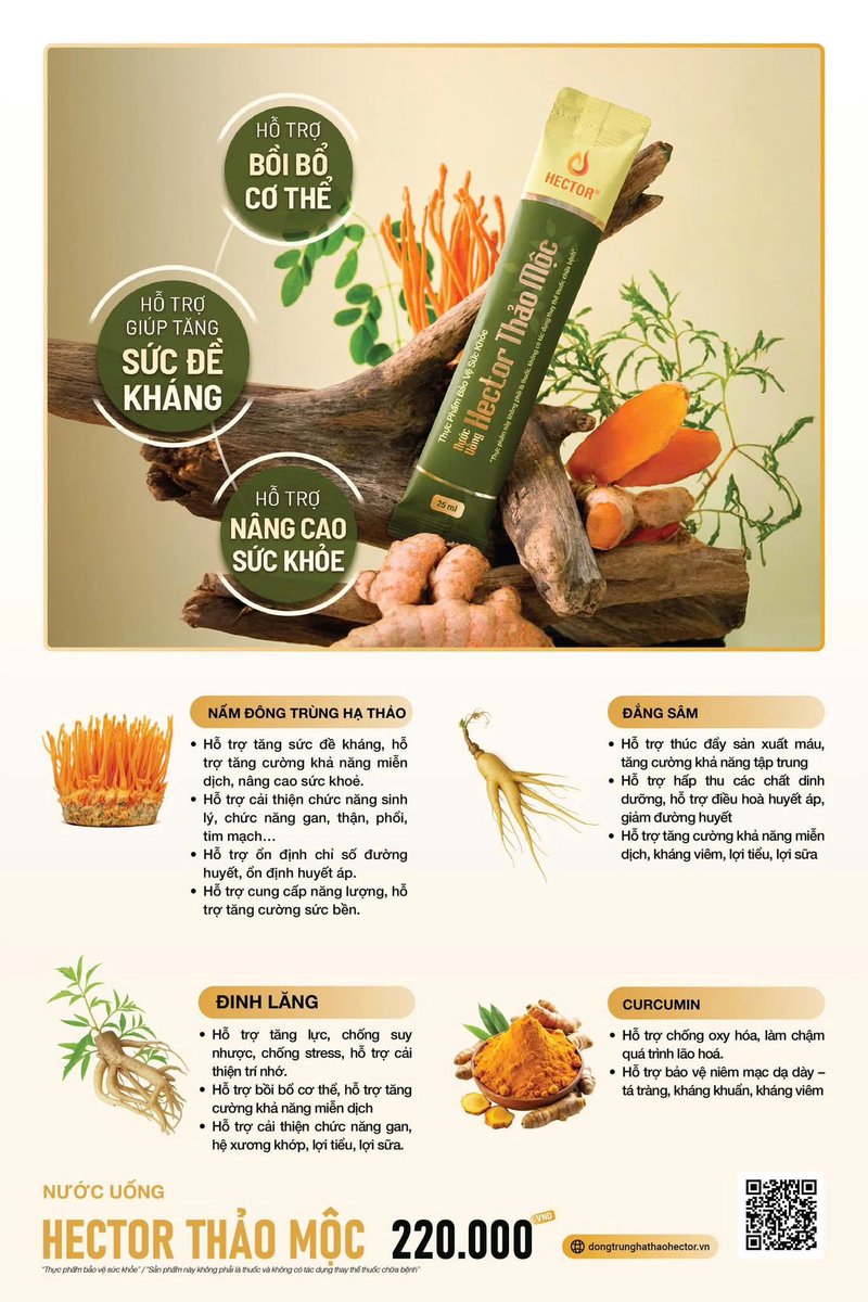 Ngôi sao đang lên của Hector gọi tên THẢO MỘCCCC 🥰🥰🥰 Vì ẻm mới được xuất Mỹ 240 hộp làm quà tặng dù cước vận chuyển khá cao.

Gói nhỏ 25ml tiện lợi, Hector Thảo Mộc chứa thành phần Nano Curcumin, được chiết xuất từ nghệ vàng bằng công nghệ nano,