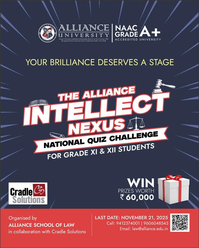 Alliance University invites the brightest minds of Classes XI and XII to participate in a thrilling inter-school quiz challenge.

The stakes are high: Prizes worth ₹60,000 await the champions.

Register Now: forms.gle/CnF1tCP4KX83g2…

#allianceuniversity #quizchallenge #bangalore