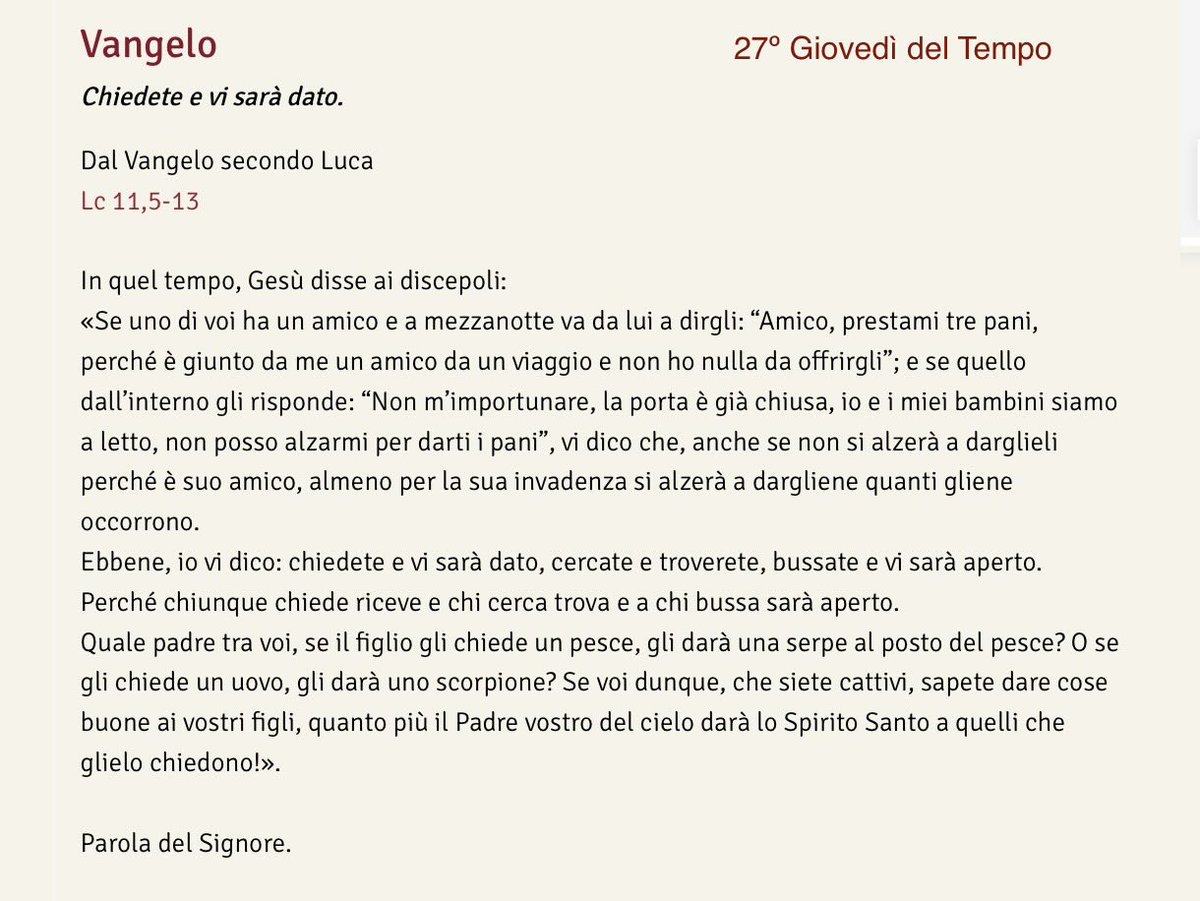 Domenico Saretto (@domenicosaretto) on Twitter photo <a href="/MarcG_69/">Marc ن</a> <a href="/FilomenaGallo55/">Filomena Gallo</a> <a href="/scaporrelli/">stefania caporrelli</a> <a href="/AlessandroA81/">Alessandro Arena ن 🇮🇹</a> <a href="/MioWid57/">MioWid57</a> <a href="/AldinaConsolini/">Aldina</a> <a href="/Liberocip/">Angelaeffe</a> <a href="/CAvondet/">Carlo Avondet</a> <a href="/angelacars/">Angela ꯩꯪꯦꯣꯁꯁꯦꯩ</a> <a href="/TeresaBonaiuti/">Teresa Bonaiuti</a> <a href="/selvatici1/">Luca Selvatici</a> «Quando pregate, dite: Padre…».
Quando preghiamo, cosa diciamo? Chi pensiamo di essere e a chi pensiamo di rivolgerci? E per chiedere cosa?
Sui Vangeli di ieri e di oggi una mia omelia domenicale dello scorso luglio 👉 youtu.be/Ss9MnXo0wWs 👈
A tutti buon #Giovedì #9ottobre <a href="/MarcG_69/">Marc ن</a> <a href="/FilomenaGallo55/">Filomena Gallo</a> <a href="/scaporrelli/">stefania caporrelli</a> <a href="/AlessandroA81/">Alessandro Arena ن 🇮🇹</a> <a href="/MioWid57/">MioWid57</a> <a href="/AldinaConsolini/">Aldina</a> <a href="/Liberocip/">Angelaeffe</a> <a href="/CAvondet/">Carlo Avondet</a> <a href="/angelacars/">Angela ꯩꯪꯦꯣꯁꯁꯦꯩ</a> <a href="/TeresaBonaiuti/">Teresa Bonaiuti</a> <a href="/selvatici1/">Luca Selvatici</a> «Quando pregate, dite: Padre…».
Quando preghiamo, cosa diciamo? Chi pensiamo di essere e a chi pensiamo di rivolgerci? E per chiedere cosa?
Sui Vangeli di ieri e di oggi una mia omelia domenicale dello scorso luglio 👉 youtu.be/Ss9MnXo0wWs 👈
A tutti buon #Giovedì #9ottobre
