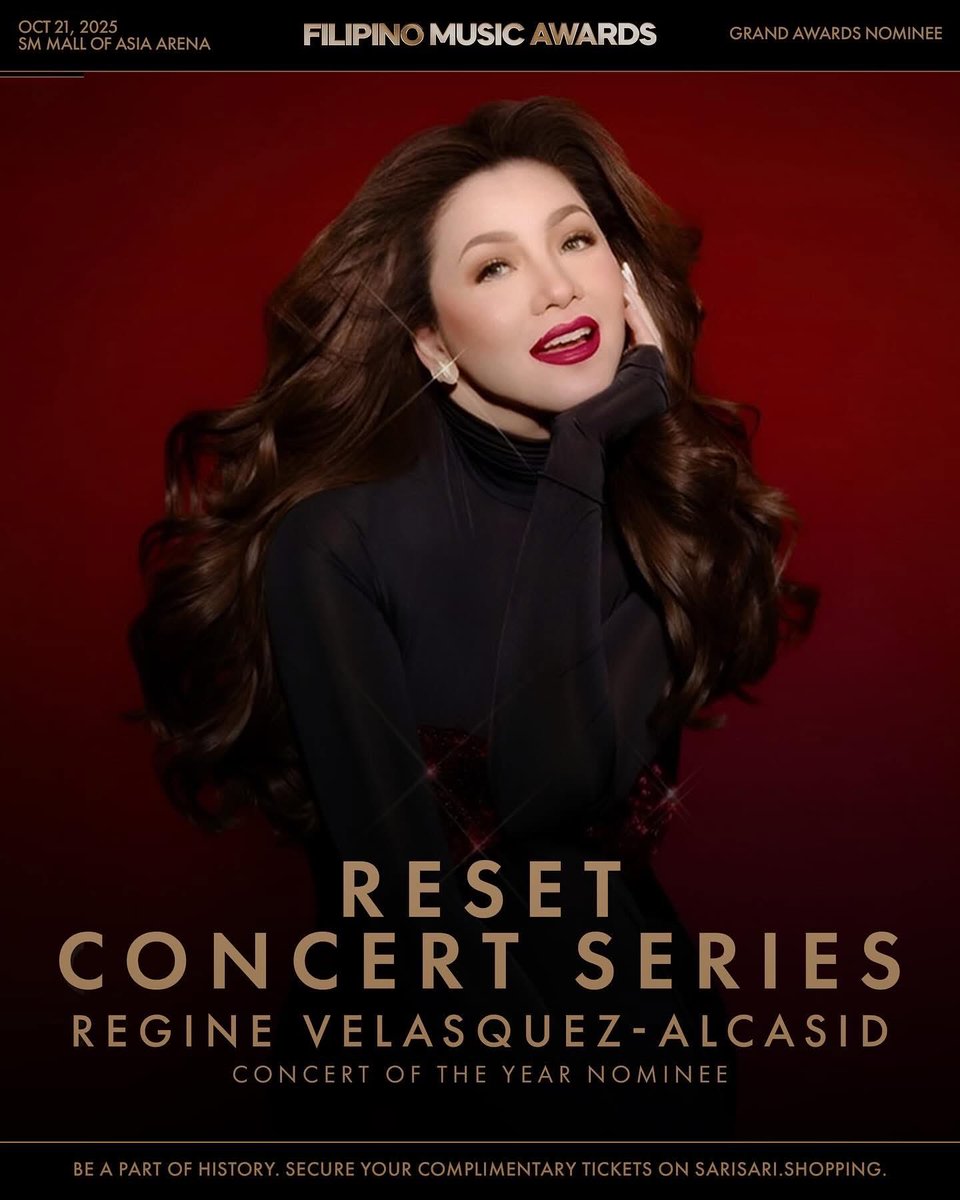 RV_TRENDERS's tweet image. The #RESET Concert Series by Asia’s Songbird @reginevalcasid is nominated for Concert of the Year at the #1stFilipinoMusicAwards

The awards night is set for October 21, 2025, at the SM Mall of Asia Arena.

Congratulations, Queen Regine! 💛