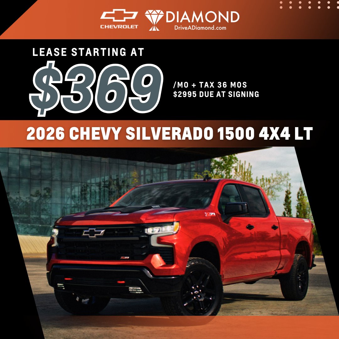 DiamondChevySB's tweet image. 🛻Fall Into Silverado Strength
Need a truck that works hard and looks good? 🍂 Lease the 2026 Chevrolet Silverado 1500 4x4 LT Crew Cab for just $369/mo + tax! 💪🚗 #SilveradoSeason #FallDrive #ChevyPower

Shop For Yours at 👉 p1.tt/4pSeulE