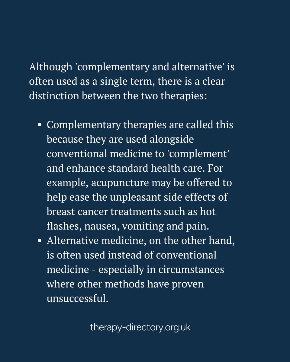 Complementary and alternative therapies focus on supporting the whole person — mind, body, and spirit. They can work alongside conventional medicine or be explored on their own, depending on your needs.

therapy-directory.org.uk

#TherapyDirectory