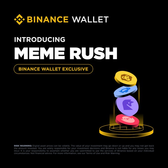 Black background with yellow Binance logo at top left and Binance Wallet title. Text Introducing Meme Rush Binance Wallet Exclusive in white and yellow. Stacked colorful meme coins in yellow, purple, blue, pink on a golden pedestal with glowing ring base. Risk warning text at bottom about digital asset volatility and investment risks.