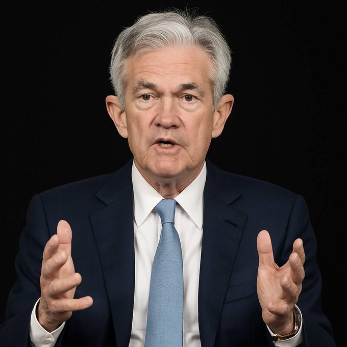 An older man with silver hair wearing a dark blue suit white shirt and light blue tie stands against a black background gesturing with both hands extended palms up as if emphasizing a point during a speech