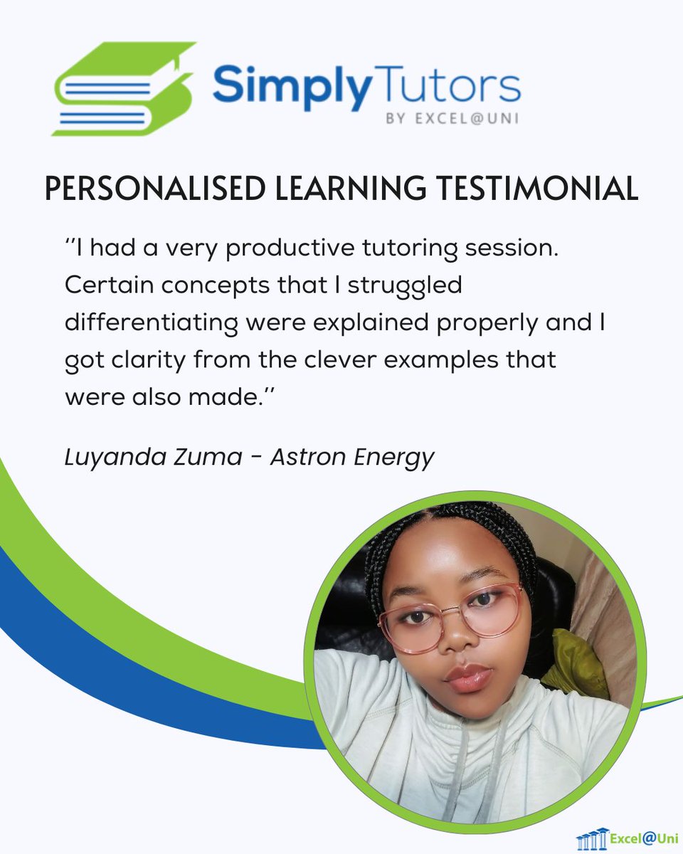ExcelAtUni's tweet image. With SimplyTutors, your ideal tutor is just a click away! ✅ 

Read Luyanda&apos;s review of her SimplyTutors session to find out why you should sign up for a tutor with us today! 

👉 Click the link to get started! - simplytutors.co.za/Account/Regist…

#SimplyTutors #Learning #Excelatuni