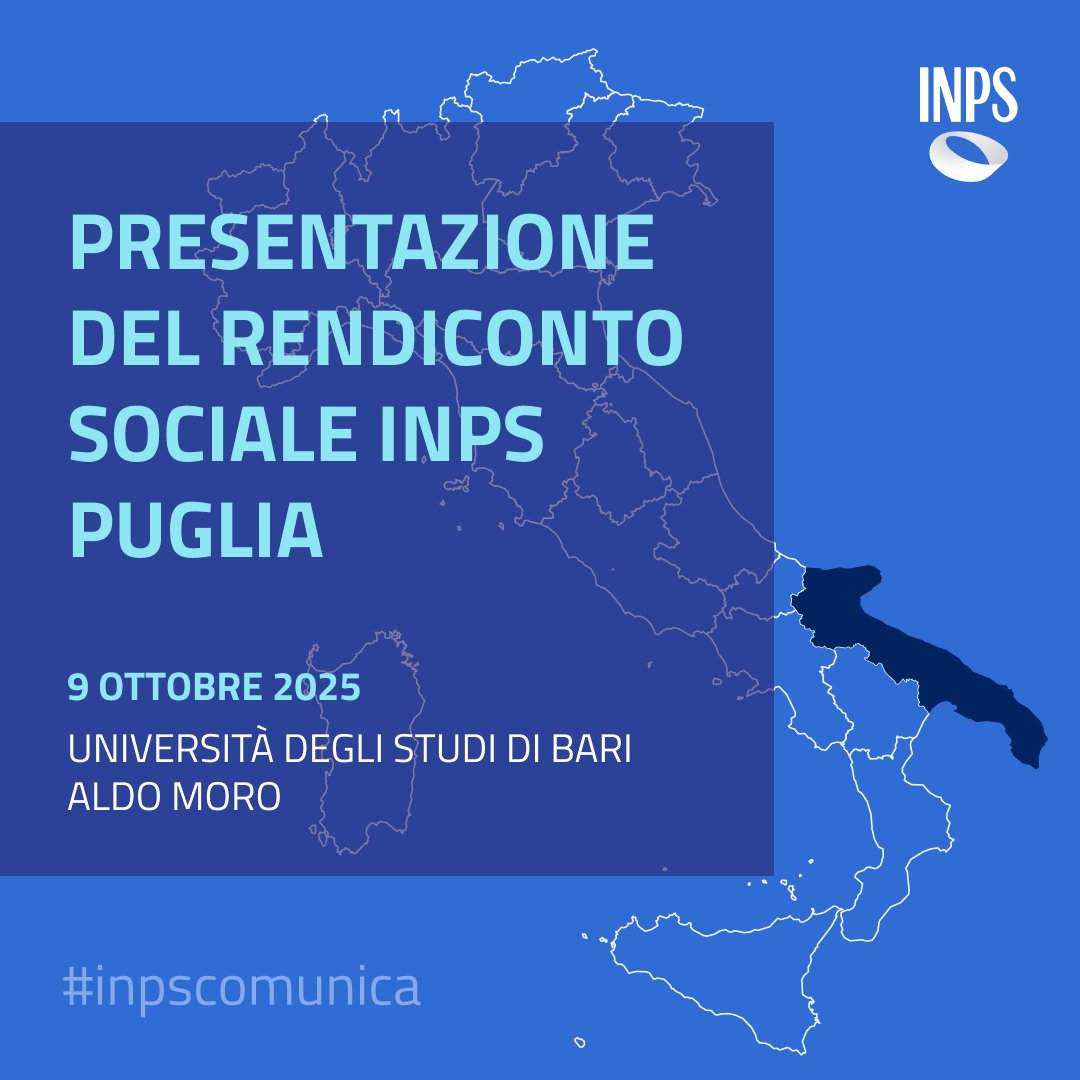 INPS_it's tweet image. 📅 Oggi, 9 ottobre dalle ore 9.30, a Bari si terrà la presentazione del Rendiconto Sociale INPS Puglia.
Il programma: rb.gy/g2nqyi
Inps Comunica