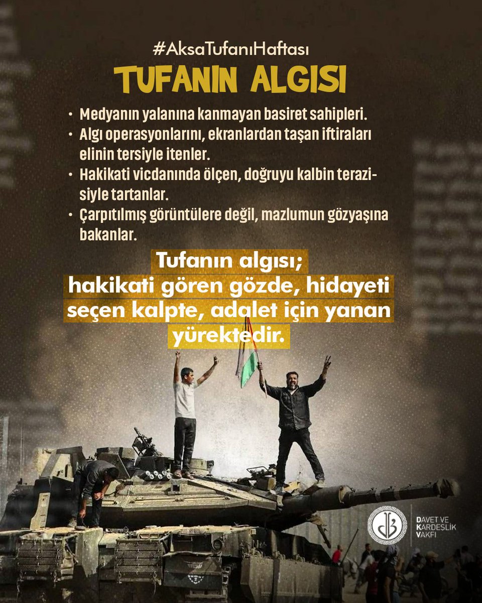 Gerçeği gören gözde, adalet için yanan kalpteyiz.
Algının değil, hakikatin tarafında.

#AksaTufanıHaftası #TufanınAlgısı #AksaTufanı