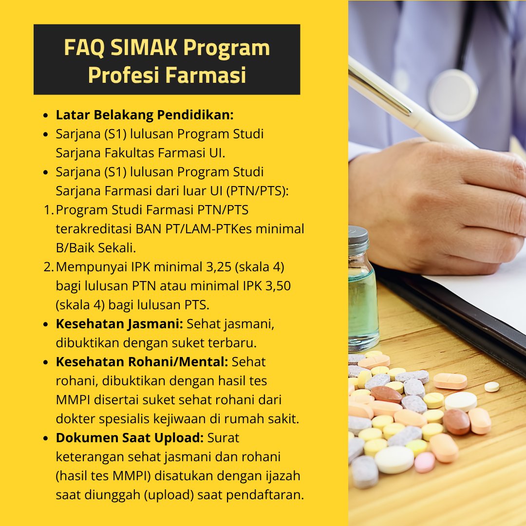 SIMAK_UI's tweet image. Berminat mendaftar di program Profesi Farmasi, Akuntansi, atau Insinyur? Kami sudah merangkum FAQ-nya dalam infografis berikut, SIMAK baik-baik ya!

Untuk informasi panduan pendaftaran, pembayaran, ujian &amp;amp; persyaratan lengkap, semua dapat diakses di laman: enrollment.ui.ac.id/berita