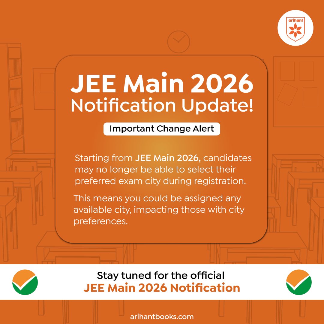 A major change might be coming for aspirants. Starting from 2026, you may no longer be able to select your preferred exam city and could be assigned any available city.

What are your thoughts on this potential change? Let us know below! 👇

#JEEMain2026 #JEEUpdate #NTA #JEENews