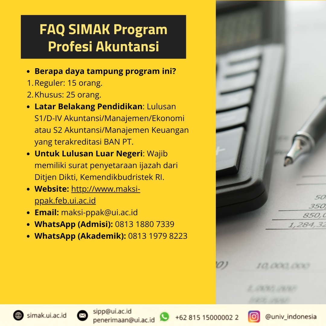 SIMAK_UI's tweet image. Berminat mendaftar di program Profesi Farmasi, Akuntansi, atau Insinyur? Kami sudah merangkum FAQ-nya dalam infografis berikut, SIMAK baik-baik ya!

Untuk informasi panduan pendaftaran, pembayaran, ujian &amp;amp; persyaratan lengkap, semua dapat diakses di laman: enrollment.ui.ac.id/berita
