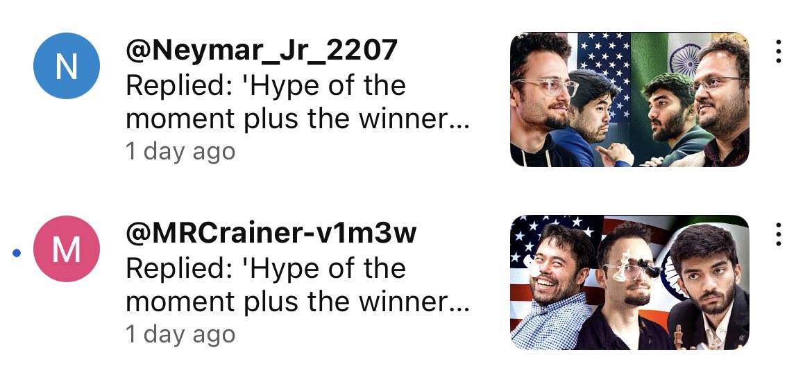 MyselfSunami's tweet image. Exact same reply by two different accounts on two different videos on the same topic (Hikaru tossing Gukesh’s King) by two different creators @GothamChess and @GMHikaru 
Paid bots or just a coincidence?
#chess #hikarunakamura #gukesh #kingtoss