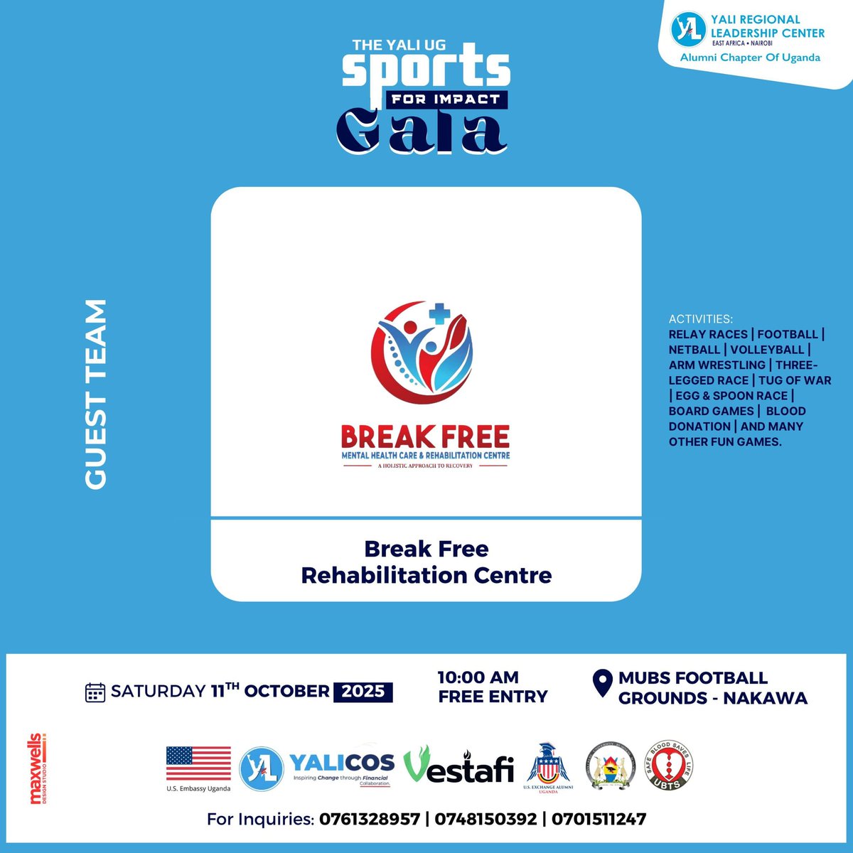 🏆 Join us at the MUBS Football Ground on Saturday, October 11th, 2025, for the @yalirlcuganda Sports Gala. 🎉 We shall be in action as a guest team. Come cheer us on and enjoy a day filled with exciting games and activities. See you there.
#sportsgala #MentalHealthMatters