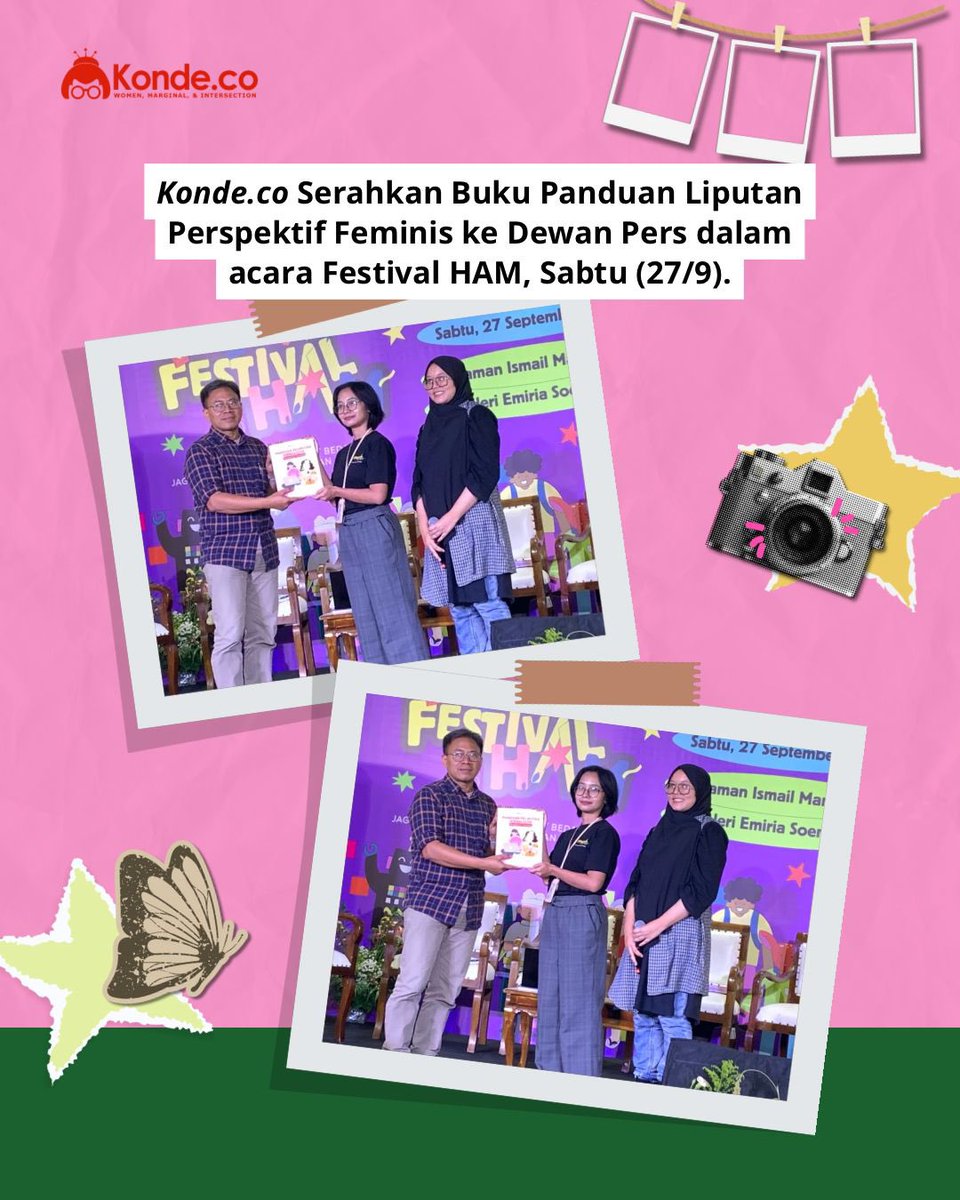 konde_co's tweet photo. AKSES BUKU SECARA DIGITAL DI https://t.co/YeMyYjXJre

Sabtu (27/9/2025), https://t.co/7M6NyBtoFY secara resmi menyerahkan buku Panduan Peliputan Jurnalistik Perspektif Feminis kepada Abdul Manan sebagai perwakilan Dewan Pers di Festival HAM, Taman Ismail Marzuki, Jakarta.

Panduan Peliputan Jurnalistik Perspektif Feminis terdiri dari sembilan bab yang membahas metode dari praproduksi, produksi, hingga pascaproduksi, baik substantif maupun teknis. 

Beberapa di antaranya adalah Pentingnya Penulisan Perspektif Feminis dan Memperjuangkan Herstory di Media, Perspektif Kritis di Media, Narasi Tanding, Prebunking-Debunking Feminisme, dan Panduan Keselamatan Jurnalis.

Manan mengakui saat ini masih ada pekerjaan Dewan Pers yang belum tuntas: selama ini mereka sudah melakukan diskusi tentang perspektif gender, tapi belum sampai tahap merumuskan kerangka teori dan kerangka praktisnya. 

Ia menyatakan komitmen Dewan Pers untuk menindaklanjuti panduan https://t.co/7M6NyBtoFY ini secara progresif untuk menjadi kebijakan media dalam lanskap nasional. Mari kita kawal janji Dewan Pers ini bersama agar tercipta ekosistem media dan pemberitaan yang lebih adil gender dalam lanskap nasional.

#BukuKondeco #PanduanPeliputanJurnalistikPerspektifFeminis #FestivalHAM #DewanPers