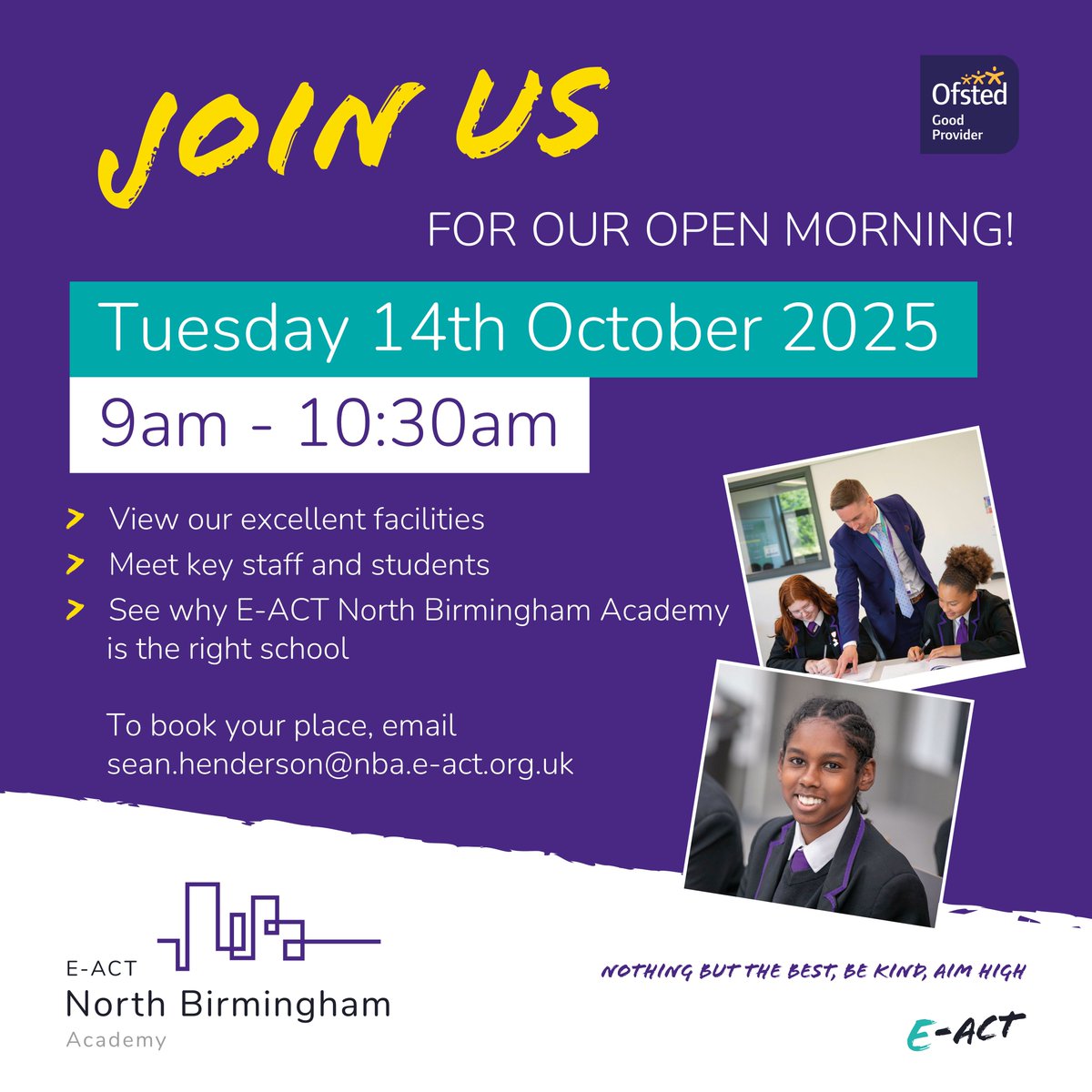 NBAcademy (@nbacademy) on Twitter photo Join us for our Open Morning on Tuesday 14th October and find out why E-ACT North Birmingham Academy is the place for you!💜 To book a place, please email sean.henderson@nba.e-act.org.uk
#NBAWay #NothingButTheBest #BeKind #AimHigh Join us for our Open Morning on Tuesday 14th October and find out why E-ACT North Birmingham Academy is the place for you!💜 To book a place, please email sean.henderson@nba.e-act.org.uk
#NBAWay #NothingButTheBest #BeKind #AimHigh