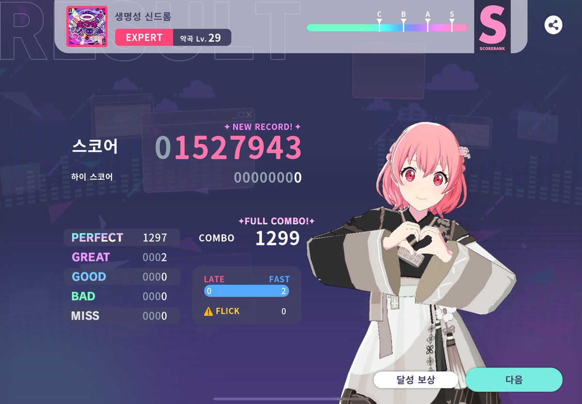 그래도 일섭에서 한번 쳐봤던 곡이라서 첫트에 풀콤! 
마스터는 몬해요