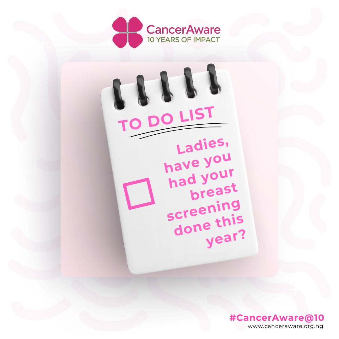 CancerAwareNG's tweet image. There are about 12 weeks left in 2025. There is still time to take an important step for your health; get your breast screening done before the year ends. Find screening centres near you at canceraware.org.ng

#GetScreened 
#CancerAwareAt10
#BreastCancerAwarenessMonth