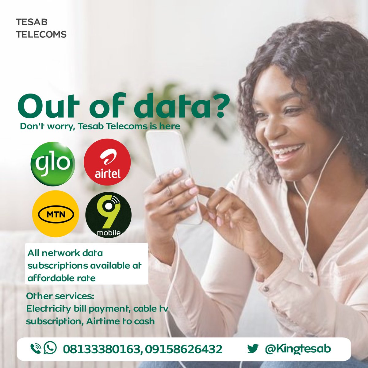 Tesab Telecoms price list 

1GB@ #800   X  20=16,000 

1Gb @  ₦800   X 50  = ₦40,000

2Gb @ ₦1600 X 50  = ₦80,000

3Gb @ ₦2400 X 50  = ₦120,000 

5Gb @ ₦4000 X 50  = ₦200,000 

10Gb @ ₦7500 X 100  = ₦750,000 

All network Validity  30-day plan.