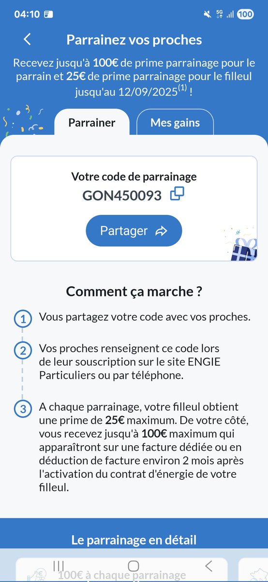 marxgnt's tweet image. Si certains cherchent un code parrainage Engie : GON450093
Il vous offre 20€ sur votre facture d'électricité ou de gaz, avec un bonus de +5€ en cas de souscription Élec ou Gaz vert+.
#Parrainage #Engie #CodePromo #CodeParrainage