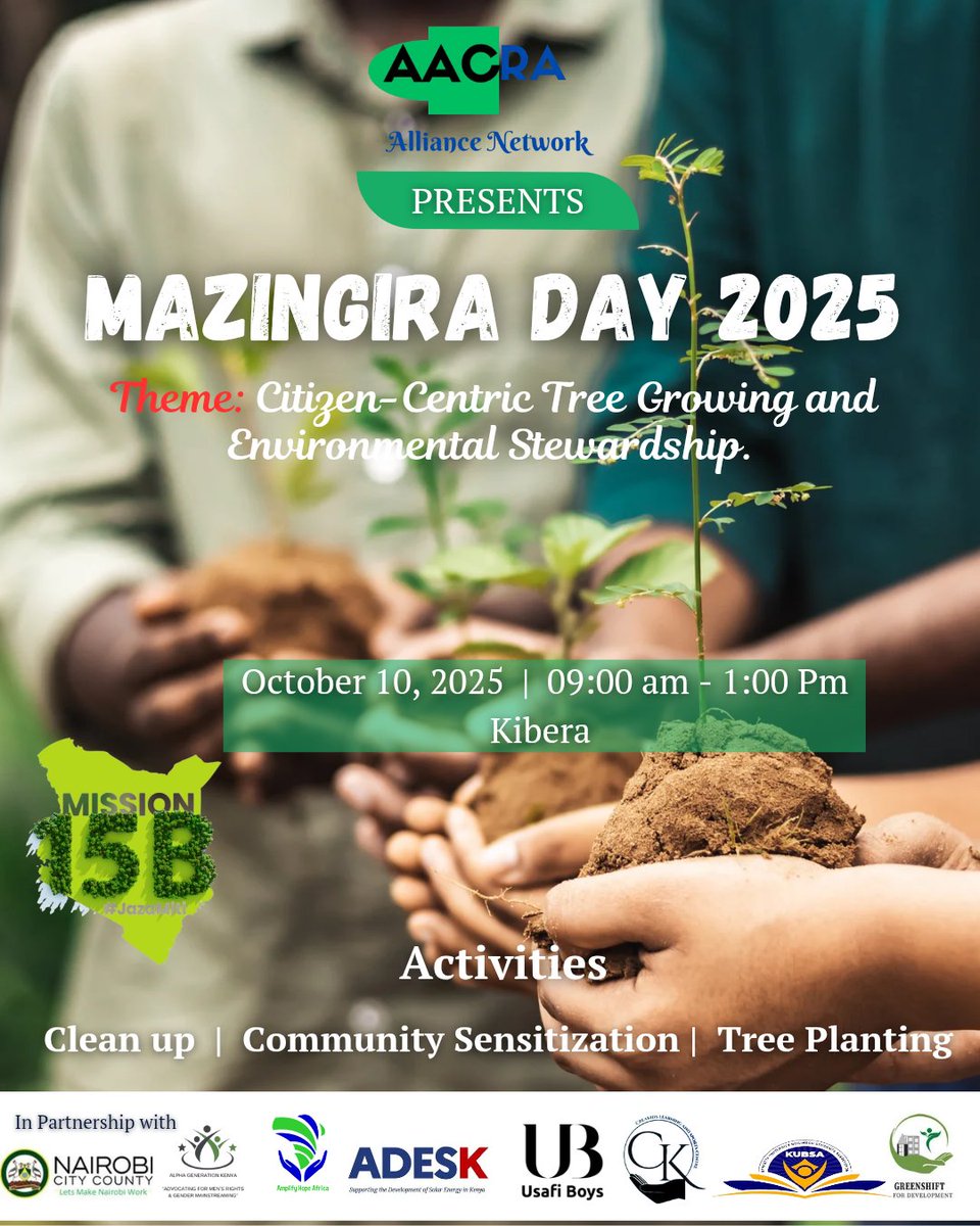 AmplifyhopeAfr's tweet image. 🌍 Mazingira Day 2025 is here!

Join us for tree planting, clean-ups &amp;amp; community action for a greener, cleaner future. 🌱💧

Let’s make #Kibera shine!
#MazingiraDay2025 #ClimateAction #Greenkibera