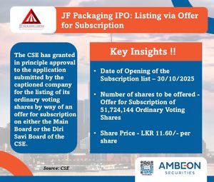 EquitywithDilu's tweet image. 💰 JF Packaging Limited has received in-principal approval from the CSE for its IPO of 51,724,144 Ordinary Voting Shares at LKR 11.60 each, with subscription opening on 30th October 2025. #IPO #IPOAlert #cse