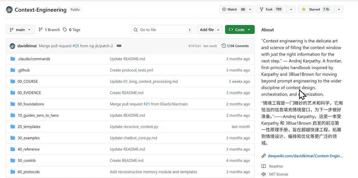 ai_muzi's tweet image. 给想要系统学习上下文工程的朋友推荐一个Github项目，

就叫Context-Engineering，现在有7.1K star,

从提示词技巧一路讲到“量子语义学”,

需要一定的编程和数学基础，

我一直断断续续在跟，现在不到1/3。